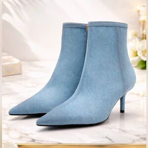 ZARA Denim Blue Pointy Toe Heeled Ankle Booties NWT